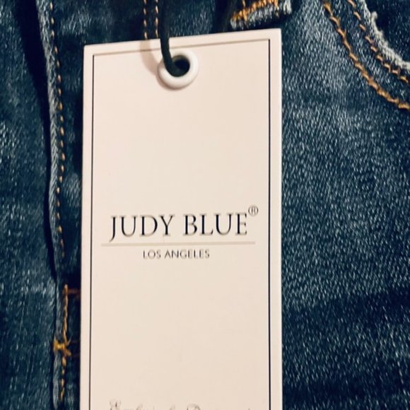 JUDY BLUE LOS ANGELES MID RISE BLUE FLANNEL PATCH STRETCH JEANS - Picture 5 of 10